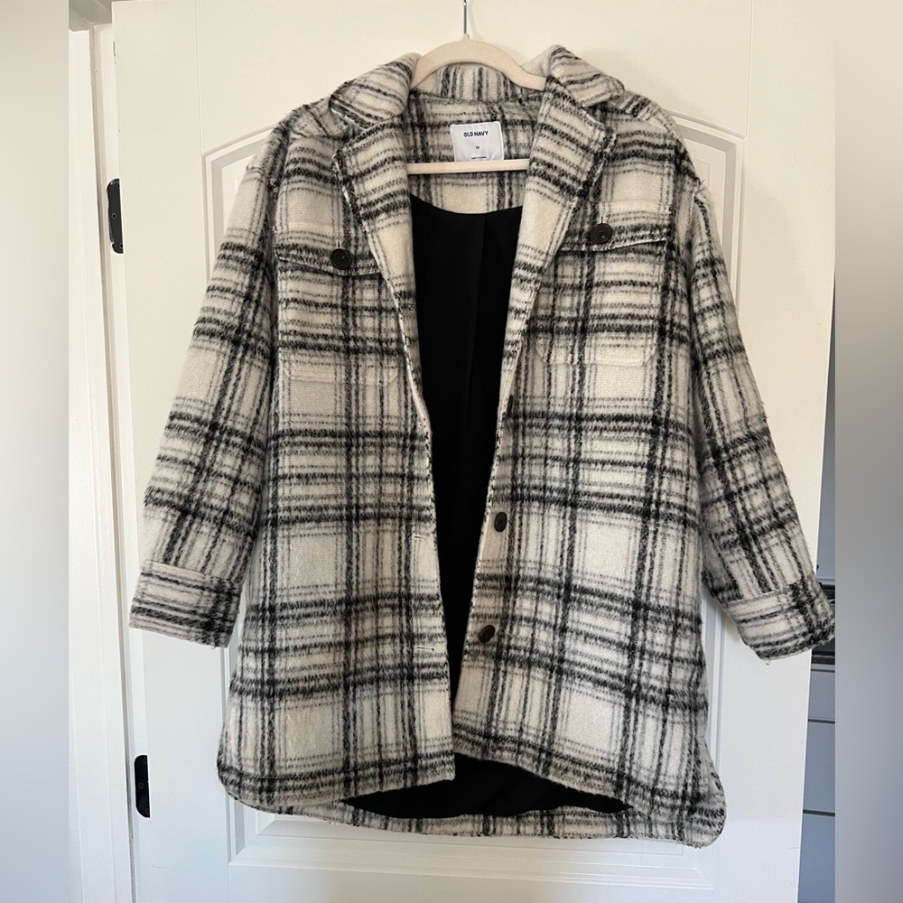 Old Navy Black and White Plaid Pea Coat